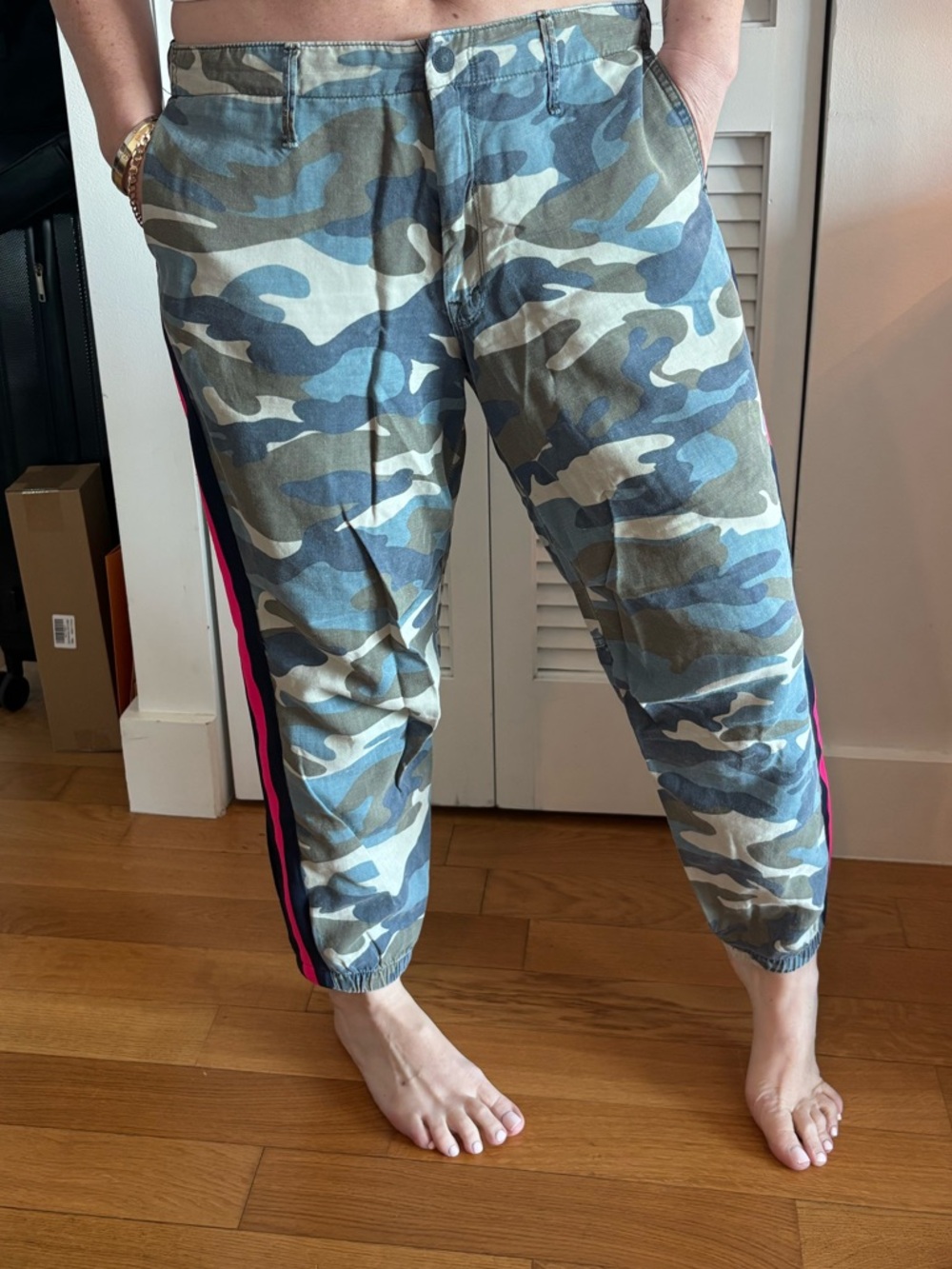 MOTHER Camo Cargo Pants with Pink Side Stripe